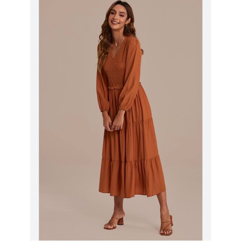 0068 Emma & Michele Rust Smocked Tiered Maxi Dress